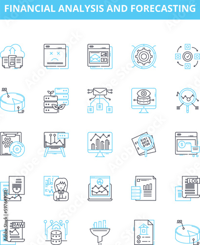 Financial analysis and forecasting vector line icons set. Financial, Analysis, Forecasting, Investment, Ratios, Budgeting, Planning illustration outline concept symbols and signs