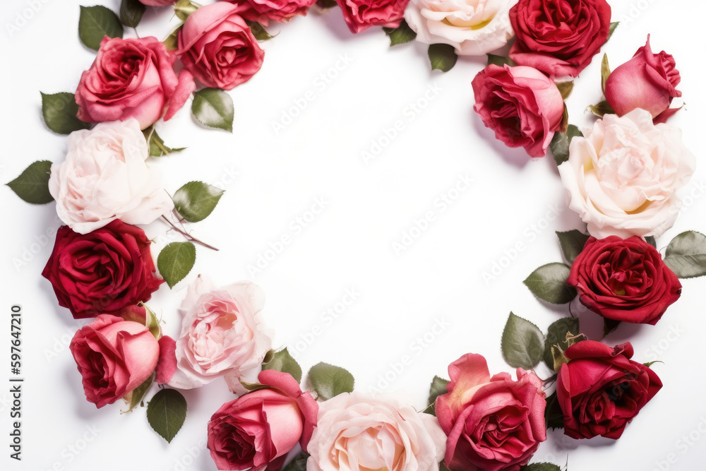 Wreath of roses on white background.