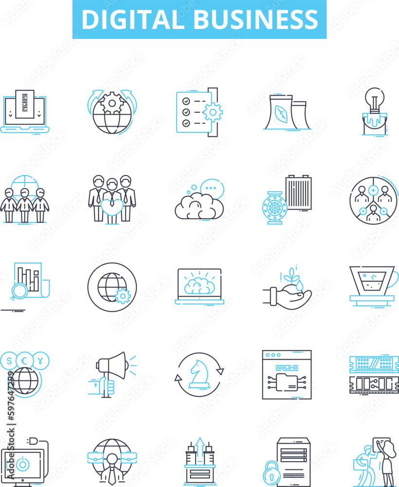Digital business vector line icons set. Digital, Business, Ecommerce, Marketing, Advertising, Online, Retail illustration outline concept symbols and signs