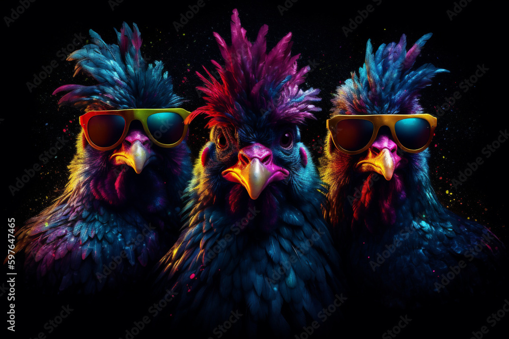 3 coole bunte Hühner in Partystimmung. Generative Ai.