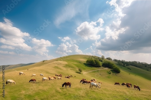 Herd of horse grazing at hill with beautiful blue sky and white clouds. 
