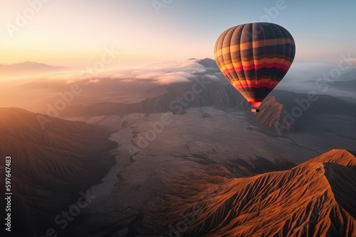 Hot air balloon flying over Mount Bromo volcano viewpoint in Bromo Tengger Semeru National Park at sunrise Indonesia.