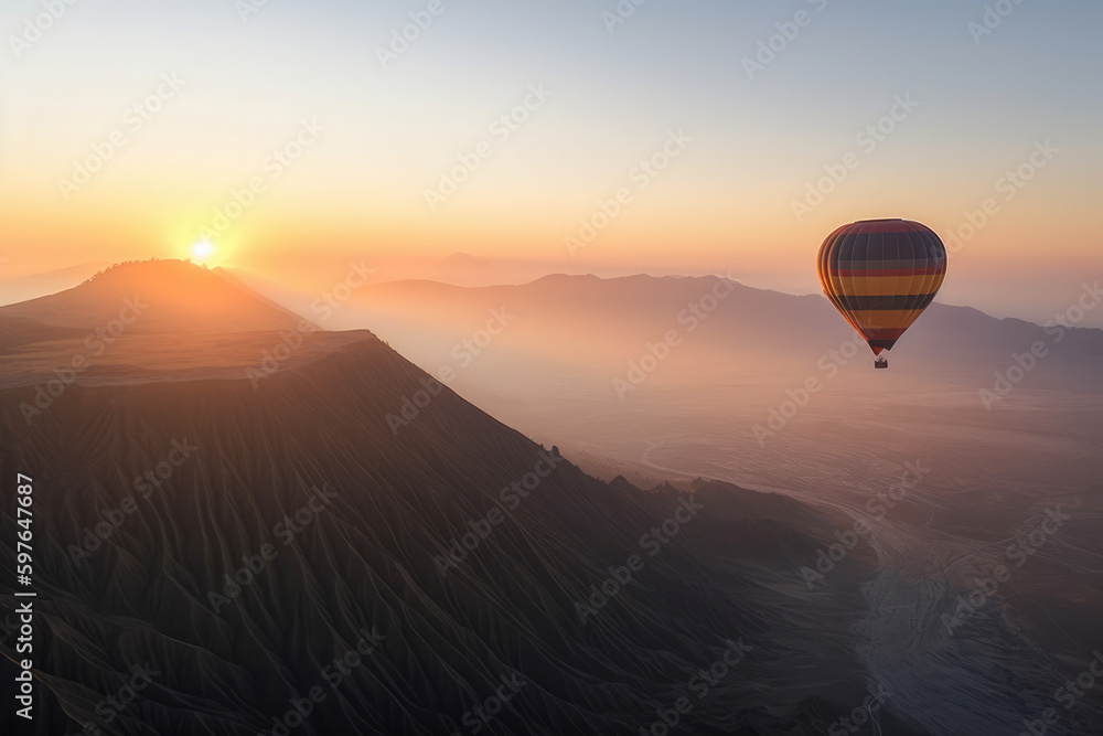 Hot air balloon flying over Mount Bromo volcano viewpoint in Bromo Tengger Semeru National Park at sunrise Indonesia.