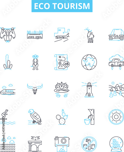 Eco tourism vector line icons set. Eco-tourism, conservation, sustainability, green, ecology, carbon, recycling illustration outline concept symbols and signs