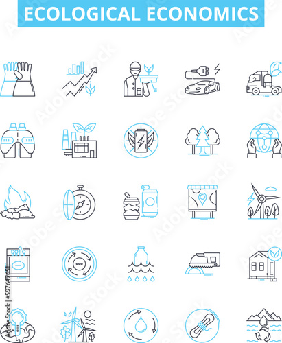 Ecological economics vector line icons set. Ecology, Economics, Sustainability, Natural, Environment, Resource, Social illustration outline concept symbols and signs