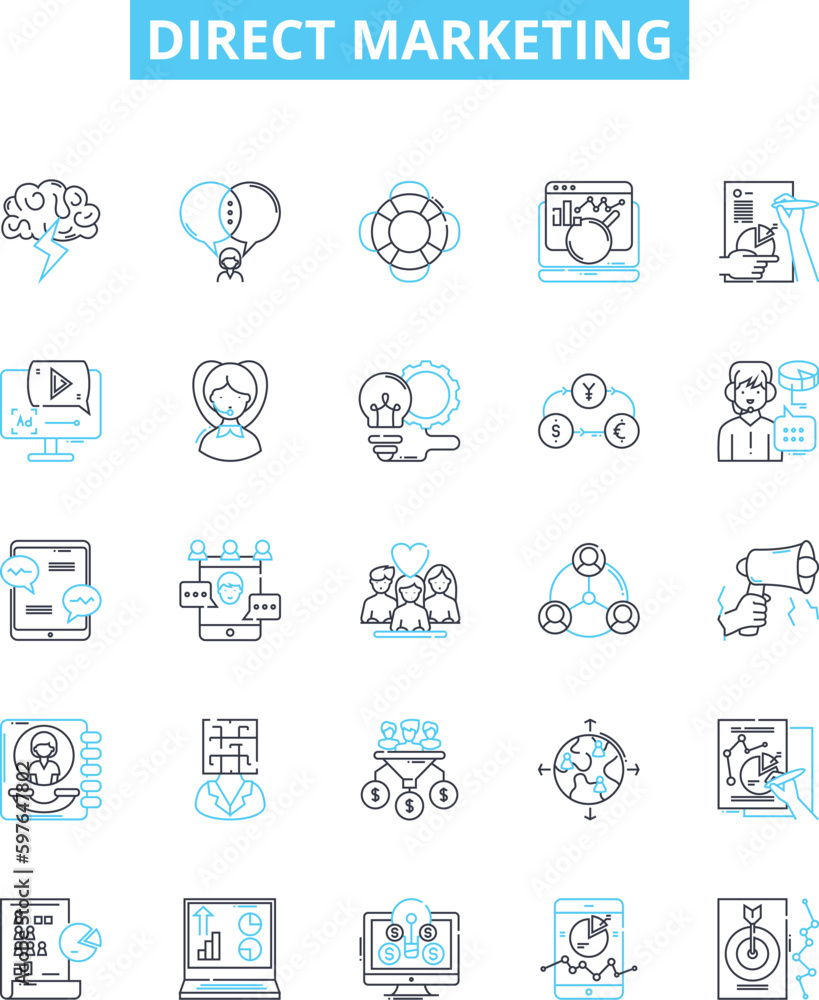 Direct marketing vector line icons set. Direct-mail, Email, Telemarketing, SMS, Online, Brochures, Database illustration outline concept symbols and signs Direct marketing vector line icons set. Direct-mail, Email, Telemarketing, SMS, Online, Brochures, Database illustration outline concept symbols and signs