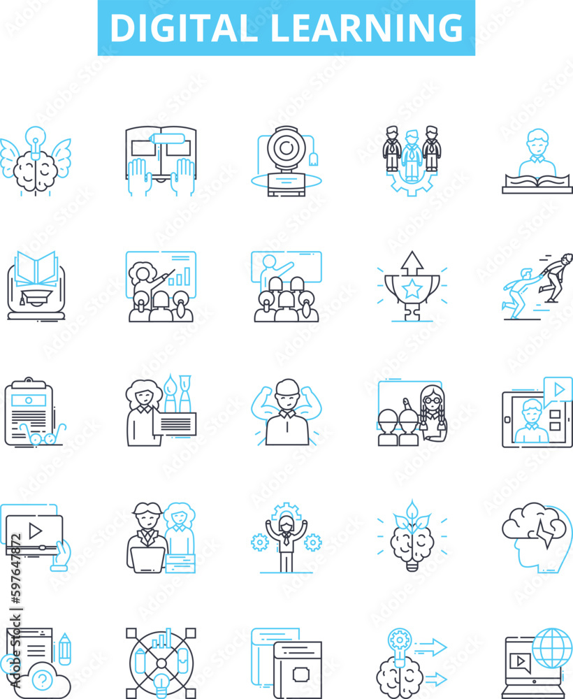 Digital learning vector line icons set. Digital, Learning, eLearning, Online, Technology, Course, Online-Learning illustration outline concept symbols and signs Digital learning vector line icons set. Digital, Learning, eLearning, Online, Technology, Course, Online-Learning illustration outline concept symbols and signs