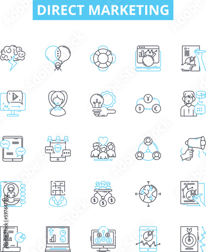 Direct marketing vector line icons set. Direct-mail, Email, Telemarketing, SMS, Online, Brochures, Database illustration outline concept symbols and signs