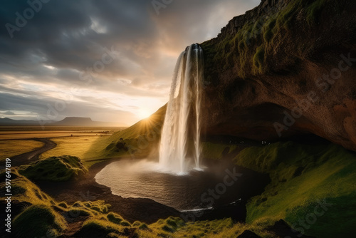 Incredible sunset on Seljalandsfoss. 