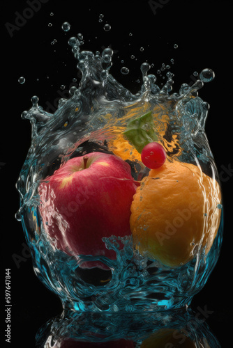 Ultra-realistic fruit drops into the water with splashes.