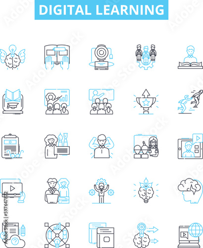 Digital learning vector line icons set. Digital, Learning, eLearning, Online, Technology, Course, Online-Learning illustration outline concept symbols and signs