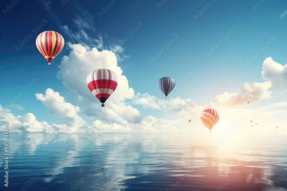 Idyllic heavenly scene with colorful hot air balloons.