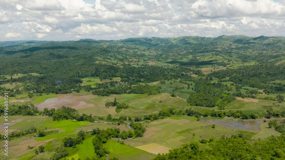 Aerial view of valley with farmland and sugarcane plantations. Negros, Philippines Aerial view of valley with farmland and sugarcane plantations. Negros, Philippines