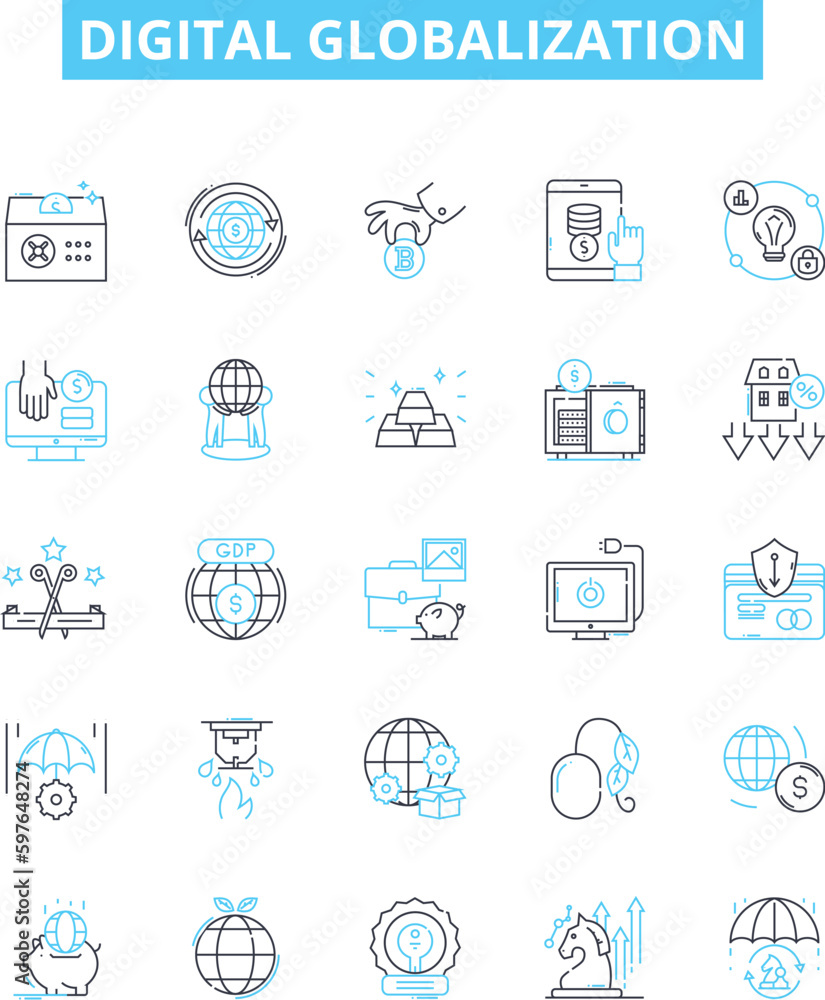 Digital globalization vector line icons set. Digital, Globalization, Technological, Connectivity, Networking, Interconnectivity, Mobility illustration outline concept symbols and signs Digital globalization vector line icons set. Digital, Globalization, Technological, Connectivity, Networking, Interconnectivity, Mobility illustration outline concept symbols and signs