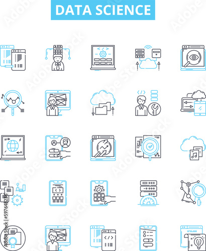 Data science vector line icons set. Data, Science, Mining, Analysis, Machine, Learning, Algorithms illustration outline concept symbols and signs