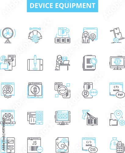 Device equipment vector line icons set. Device, Equipment, Electronics, Gadget, Appliance, Machinery, Tools illustration outline concept symbols and signs