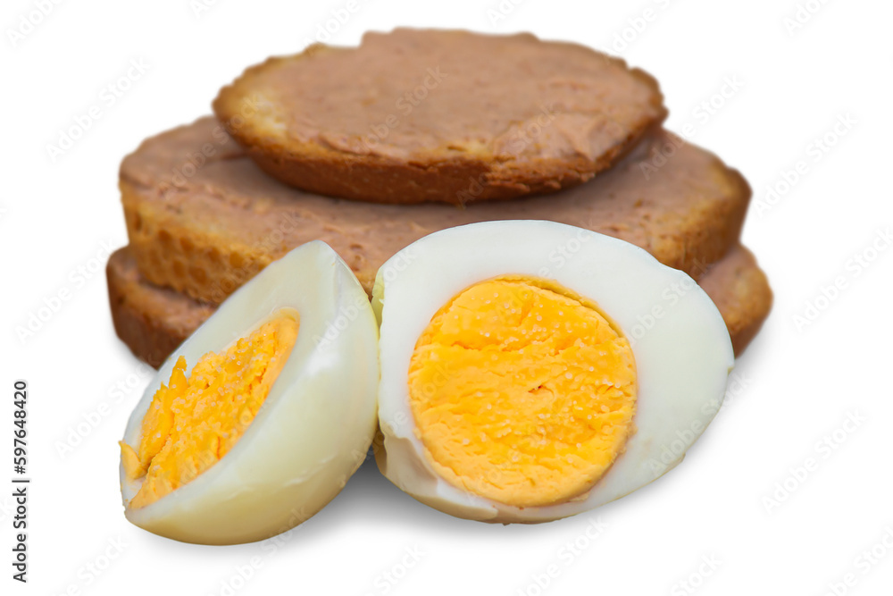 A sandwich made of bread and pate, next to it lies an egg cut in half. Isolated on transparent background. A sandwich made of bread and pate, next to it lies an egg cut in half. Isolated on transparent background.