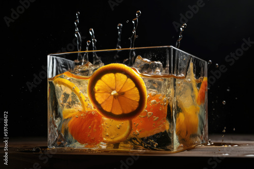 Liquid in a container with moving water airbubbles and slices of lemon and orange. photo