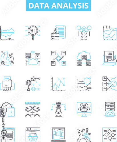 Data analysis vector line icons set. Analytics, Mining, Exploration, Modeling, Visualization, Inference, Statistics illustration outline concept symbols and signs
