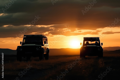 Landscape with silhouettes of two off-road cars at sunset low light photo.