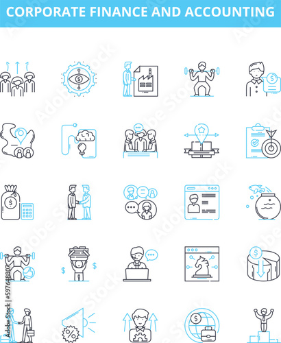 Corporate finance and accounting vector line icons set. Finance, Accounting, Corporate, Budgeting, Investment, Risk, Mergers illustration outline concept symbols and signs