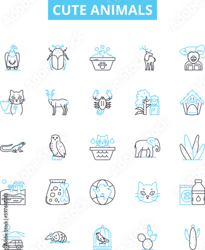 Cute animals vector line icons set. Furry, Puppy, Kitten, Cuddly, Lamb, Bunny, Adorable illustration outline concept symbols and signs