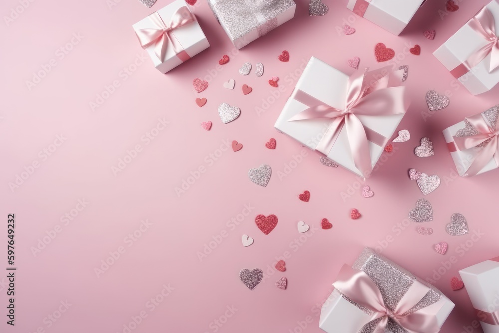 Valentine's day background with gift boxes and hearts on pink background. Generative AI Valentine's day background with gift boxes and hearts on pink background. Generative AI