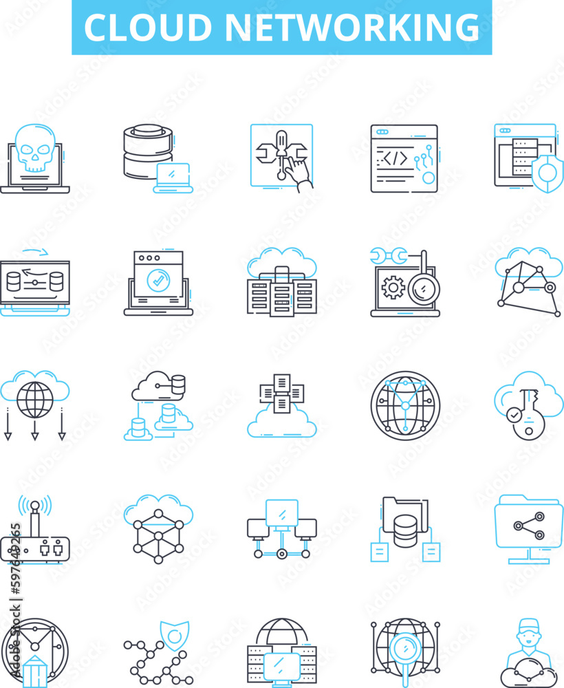 Cloud networking vector line icons set. Cloud, Networking, CloudComputing, SaaS, SA, IaaS, PaaS illustration outline concept symbols and signs