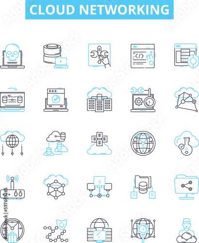 Cloud networking vector line icons set. Cloud, Networking, CloudComputing, SaaS, SA, IaaS, PaaS illustration outline concept symbols and signs