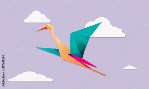 Origami paper art flying crane with cloud on the background