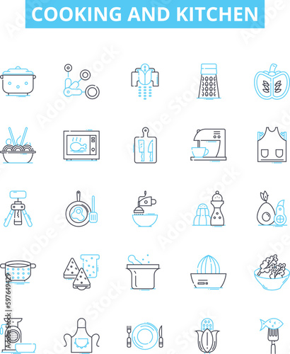Cooking and kitchen vector line icons set. Cooking, Kitchen, Food, Baking, Utensils, Recipes, Stove illustration outline concept symbols and signs