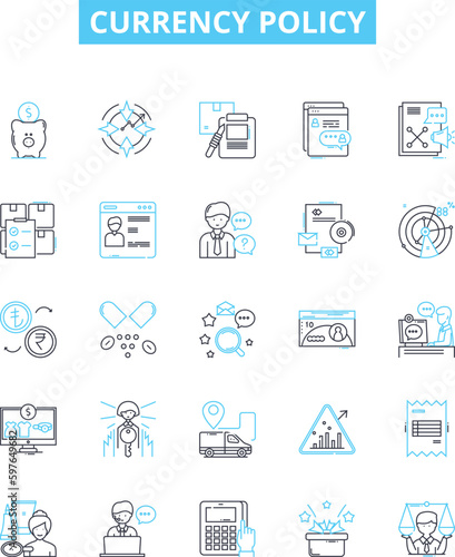 Currency policy vector line icons set. Exchange, Rate, Monetary, Value, Money, Foreign, Market illustration outline concept symbols and signs