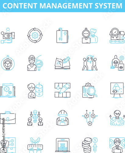 Content management system vector line icons set. CMS  Content  Management  System  Creation  Publishing  Storage illustration outline concept symbols and signs