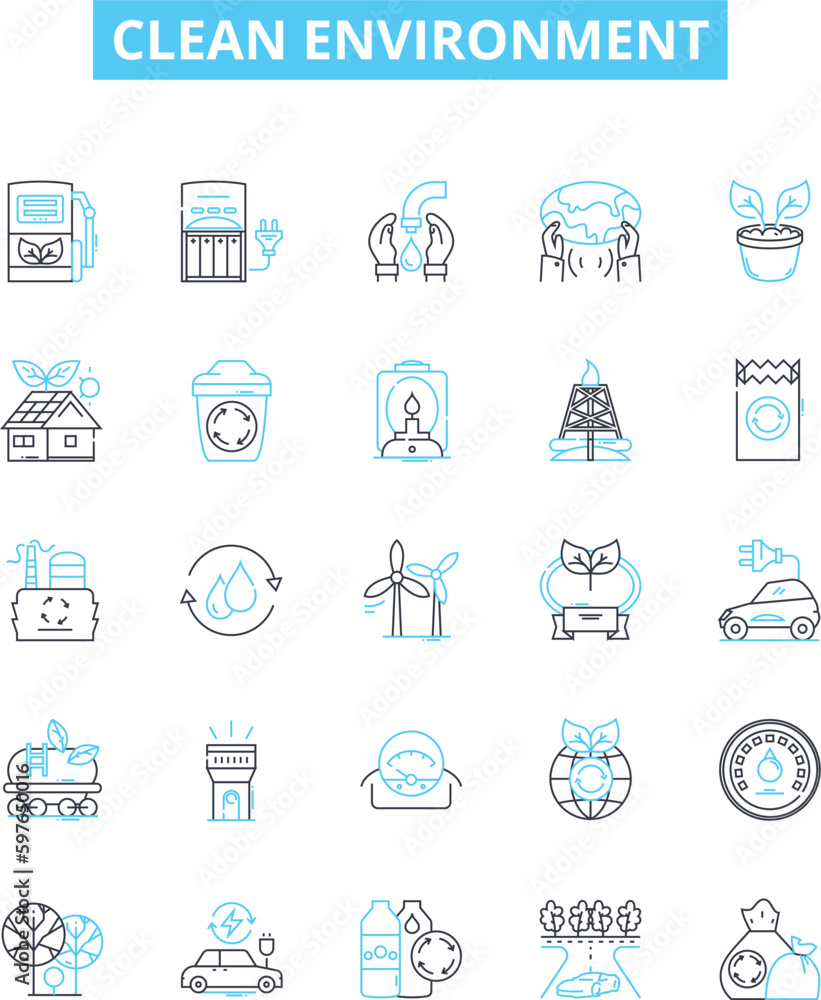 Clean environment vector line icons set. Environment, Cleanliness, Pollution, Conservation, Reuse, Recycle, Renewable illustration outline concept symbols and signs Clean environment vector line icons set. Environment, Cleanliness, Pollution, Conservation, Reuse, Recycle, Renewable illustration outline concept symbols and signs