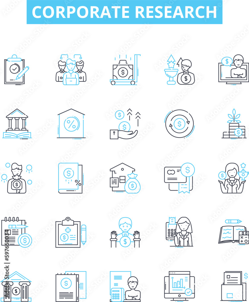 Corporate research vector line icons set. Corporate, research, analysis, business, market, strategy, data illustration outline concept symbols and signs