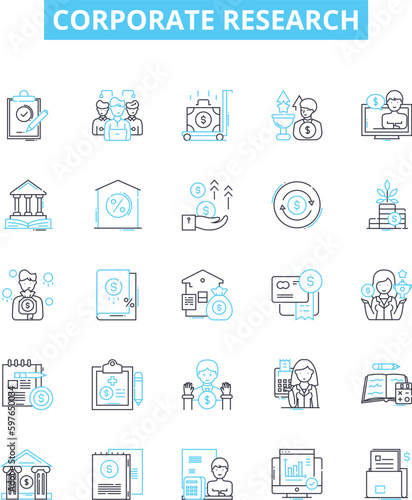 Corporate research vector line icons set. Corporate, research, analysis, business, market, strategy, data illustration outline concept symbols and signs