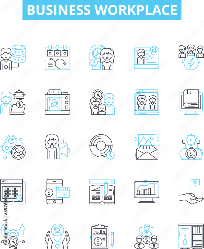 Business workplace vector line icons set. Workplace, Business, Office, Team, Productivity, Employees, Employers illustration outline concept symbols and signs Business workplace vector line icons set. Workplace, Business, Office, Team, Productivity, Employees, Employers illustration outline concept symbols and signs