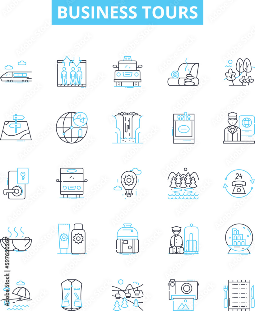 Business tours vector line icons set. Business, tours, corporate, outing, corporate trips, excursion, visit illustration outline concept symbols and signs Business tours vector line icons set. Business, tours, corporate, outing, corporate trips, excursion, visit illustration outline concept symbols and signs