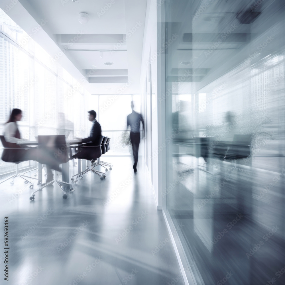 Fototapeta premium Several blurred people walk in a busy contemporary office setting. Large windows allow light to fill the scene. Generative AI