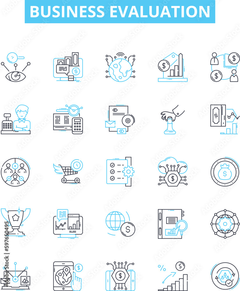 Business evaluation vector line icons set. Valuation, Analysis, Assess, Assessments, Review, Assessing, Assessors illustration outline concept symbols and signs Business evaluation vector line icons set. Valuation, Analysis, Assess, Assessments, Review, Assessing, Assessors illustration outline concept symbols and signs
