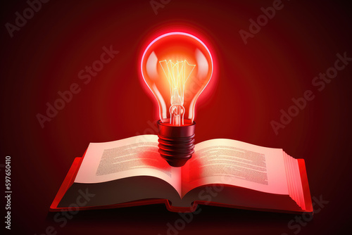 Books make you smart, book with light bulb on bright red background.