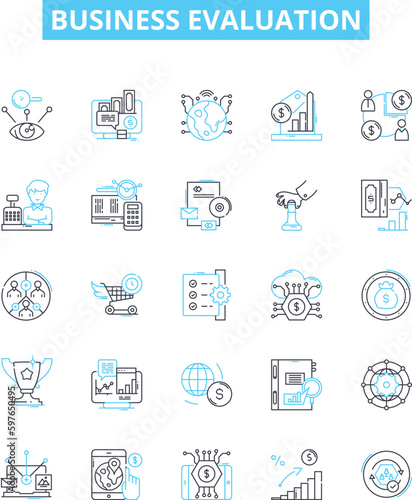 Business evaluation vector line icons set. Valuation, Analysis, Assess, Assessments, Review, Assessing, Assessors illustration outline concept symbols and signs
