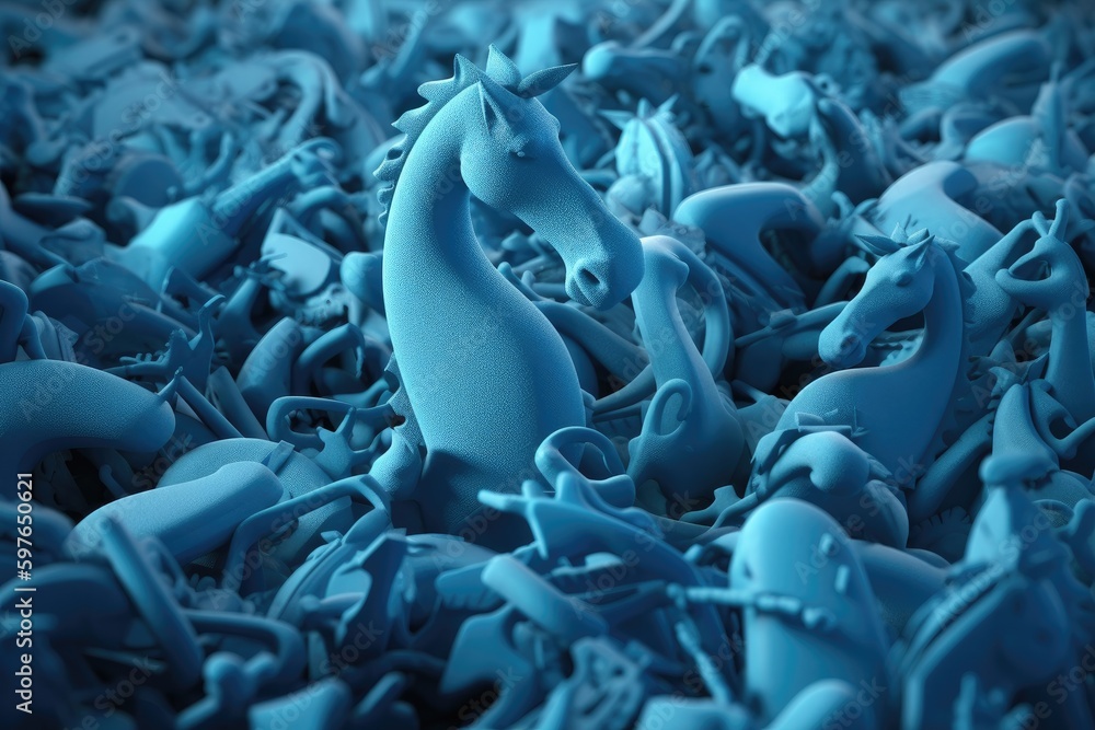 Obraz premium Abstract art of 3D flock of plastic seahorses swimming underwater. Sea of plastic concept. Generative AI