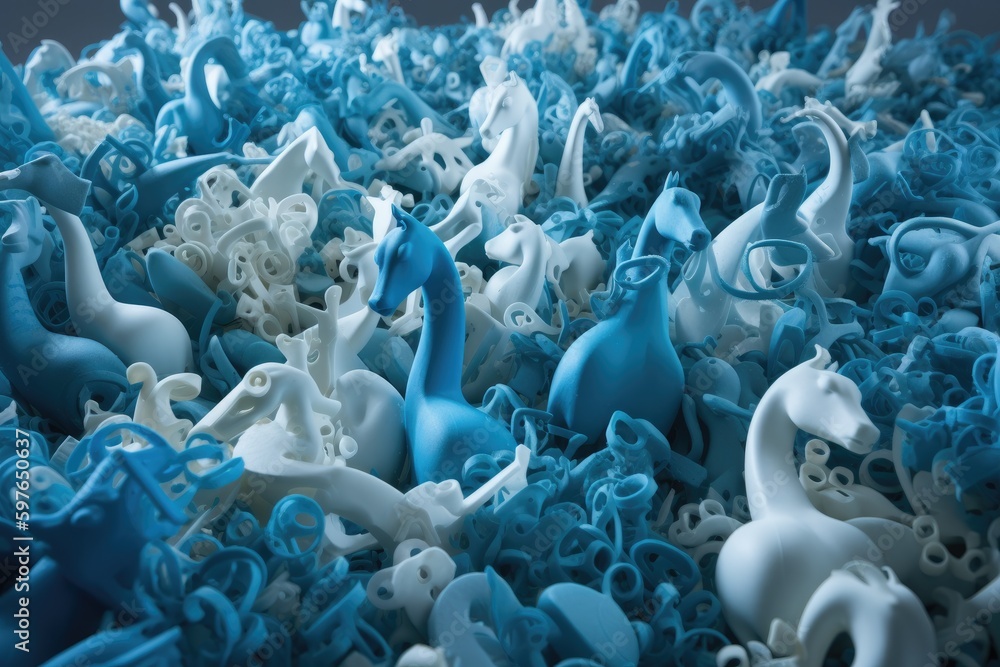 Obraz premium Abstract art of 3D flock of plastic seahorses swimming underwater. Sea of plastic concept. Generative AI
