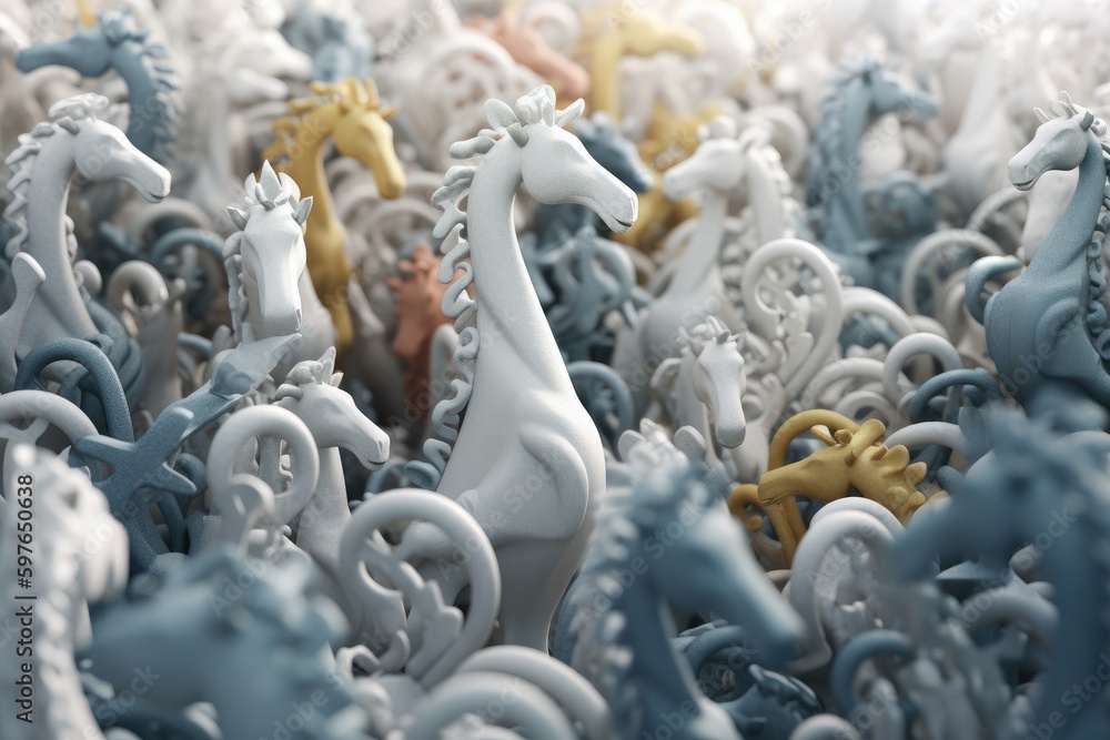 Fototapeta premium Abstract art of 3D flock of plastic seahorses swimming underwater. Sea of plastic concept. Generative AI