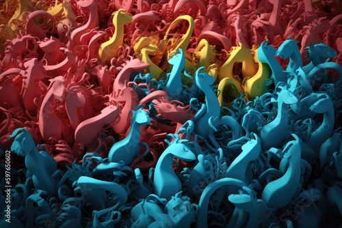 Abstract art of 3D flock of plastic seahorses swimming underwater. Sea of plastic concept. Generative AI