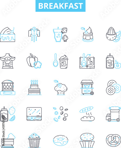Breakfast vector line icons set. Eggs, Toast, Oatmeal, Pancakes, Cereal, Bacon, Sausage illustration outline concept symbols and signs