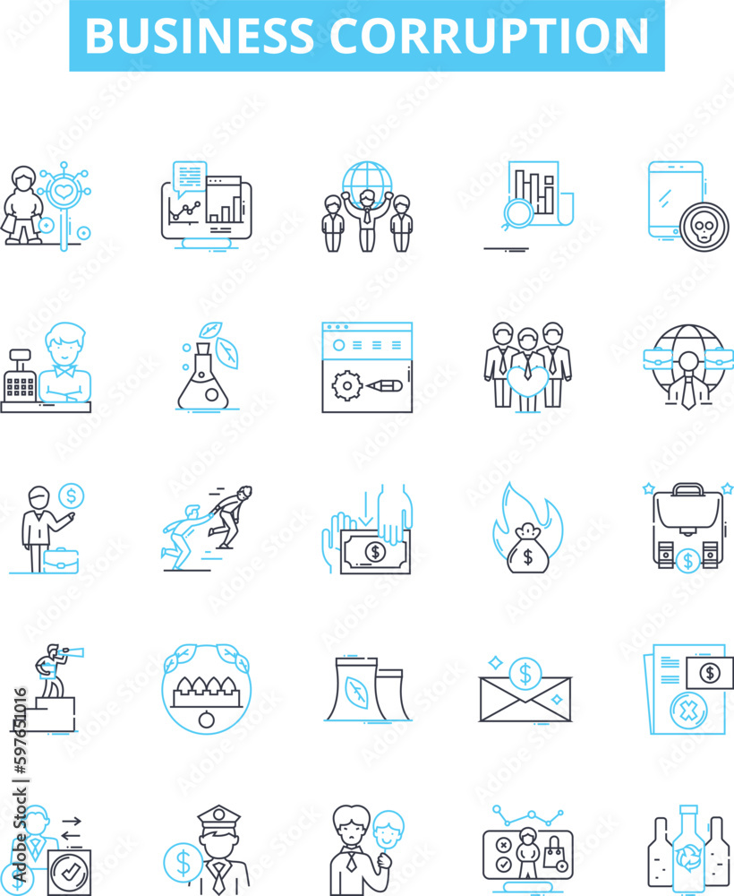 Business corruption vector line icons set. Bribery, Fraud, Embezzlement, Extortion, Collusion, Rigging, Monopoly illustration outline concept symbols and signs Business corruption vector line icons set. Bribery, Fraud, Embezzlement, Extortion, Collusion, Rigging, Monopoly illustration outline concept symbols and signs