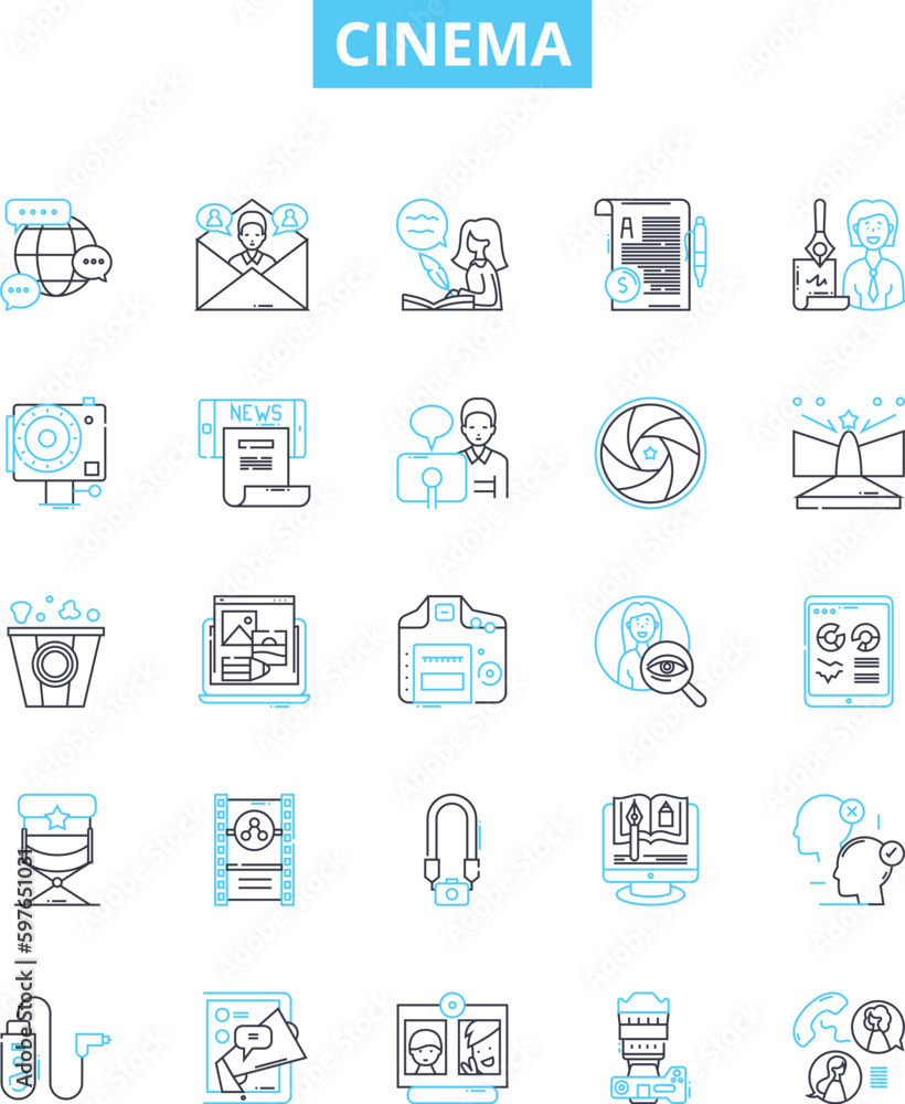 Cinema vector line icons set. Movie, theatre, film, projection, celluloid, digital, reel illustration outline concept symbols and signs Cinema vector line icons set. Movie, theatre, film, projection, celluloid, digital, reel illustration outline concept symbols and signs