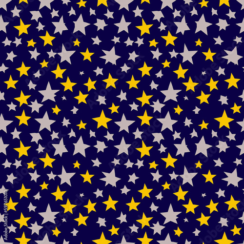 AI-Generated. Yellow, Grey  Stars, dark Blue Sky. Seamless background